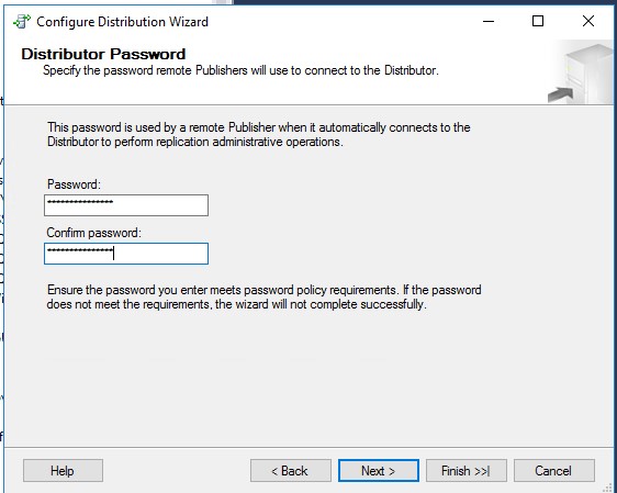 Configure Distribution Wizard - Distributor password