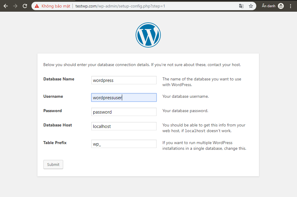 Cấu hình Database cho Wordpres khi cài lần đầu