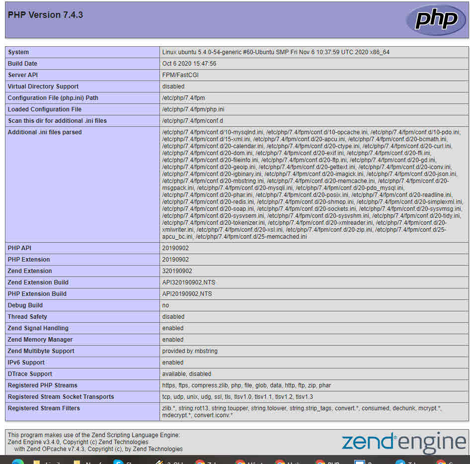 Kiểm tra phpinffo sau khi cài đặt LEMP stack trên Ubuntu 20.04